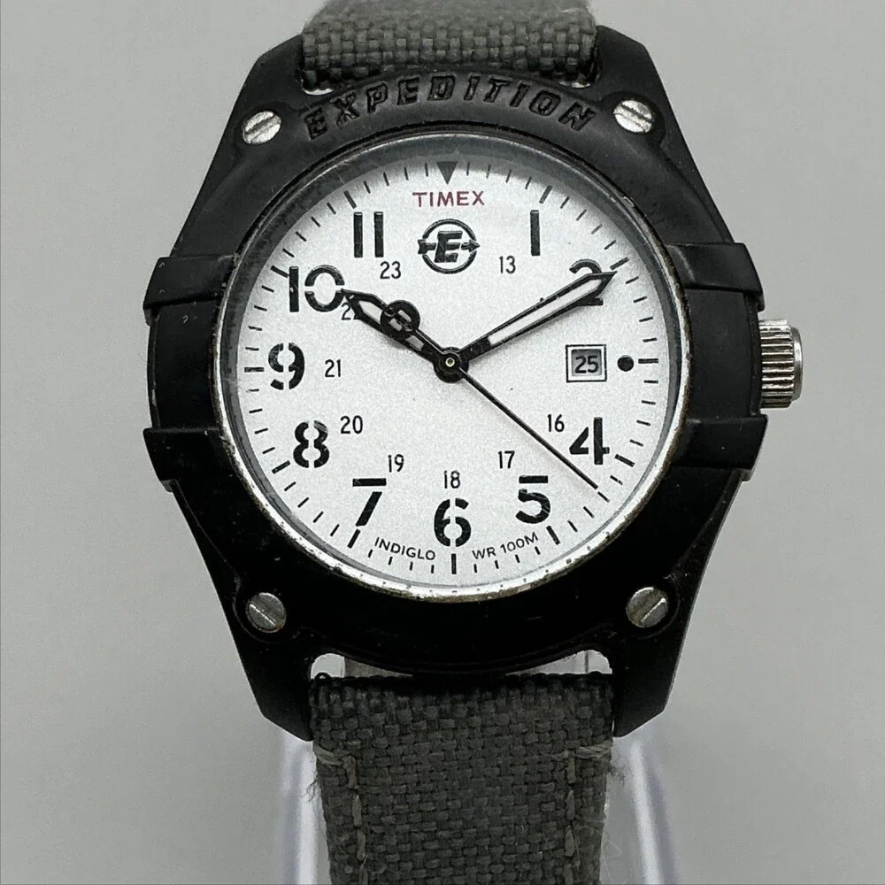 Timex Expedition Indiglo Mens Watch 34mm White Dial Gray Canvas Date New Battery